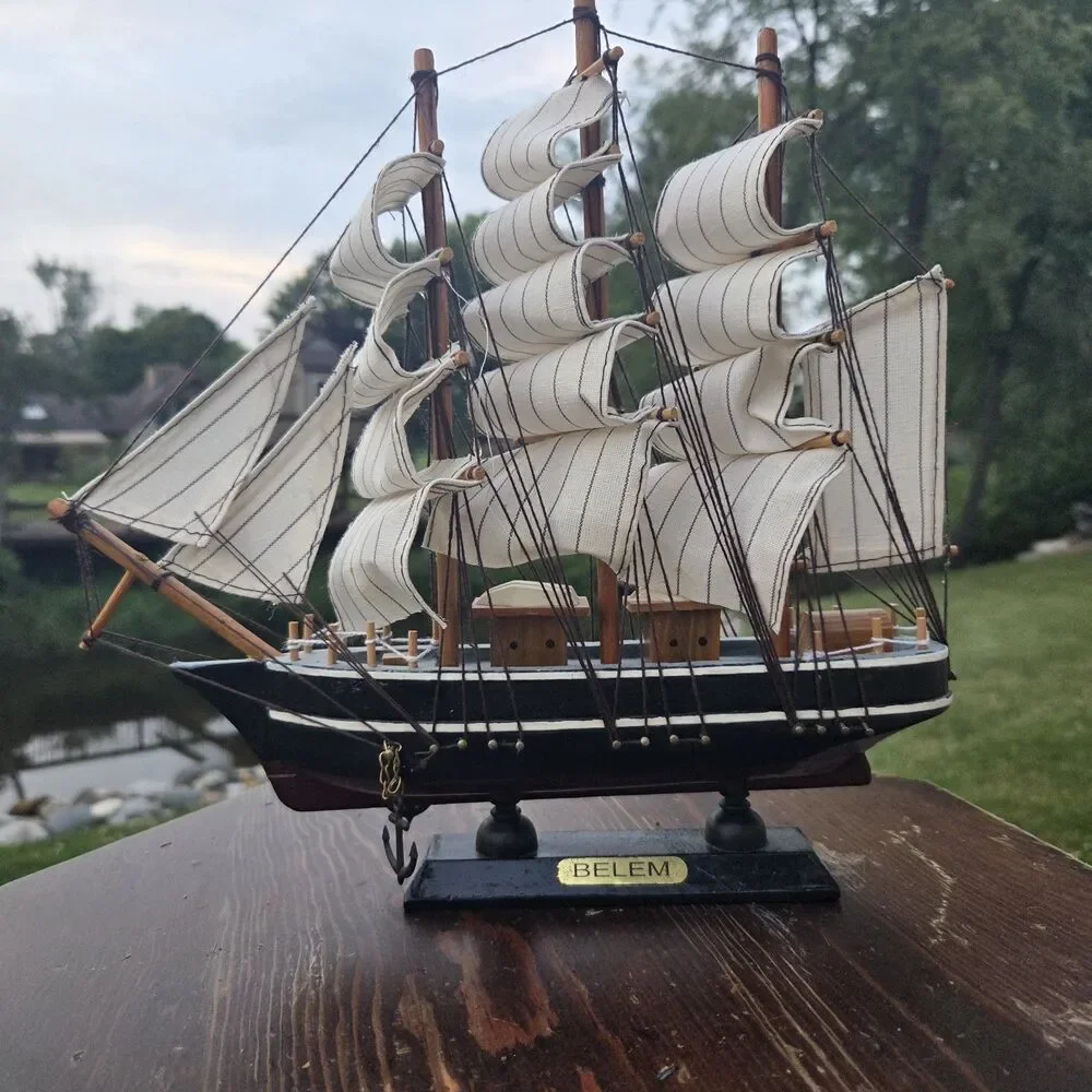 VTG Belem Sailboat Model Wood Cloth Sails Black White Desktop Display
